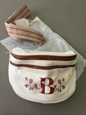 White Floral Monogram B Crossbody Bag with Brown Accents